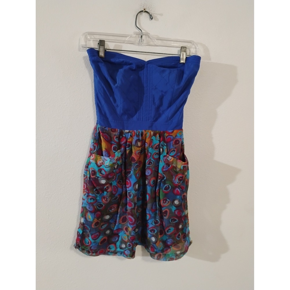 Sugarlips Strapless Mini Dress Blue Quilted Bodice Abstract Print Pockets XS